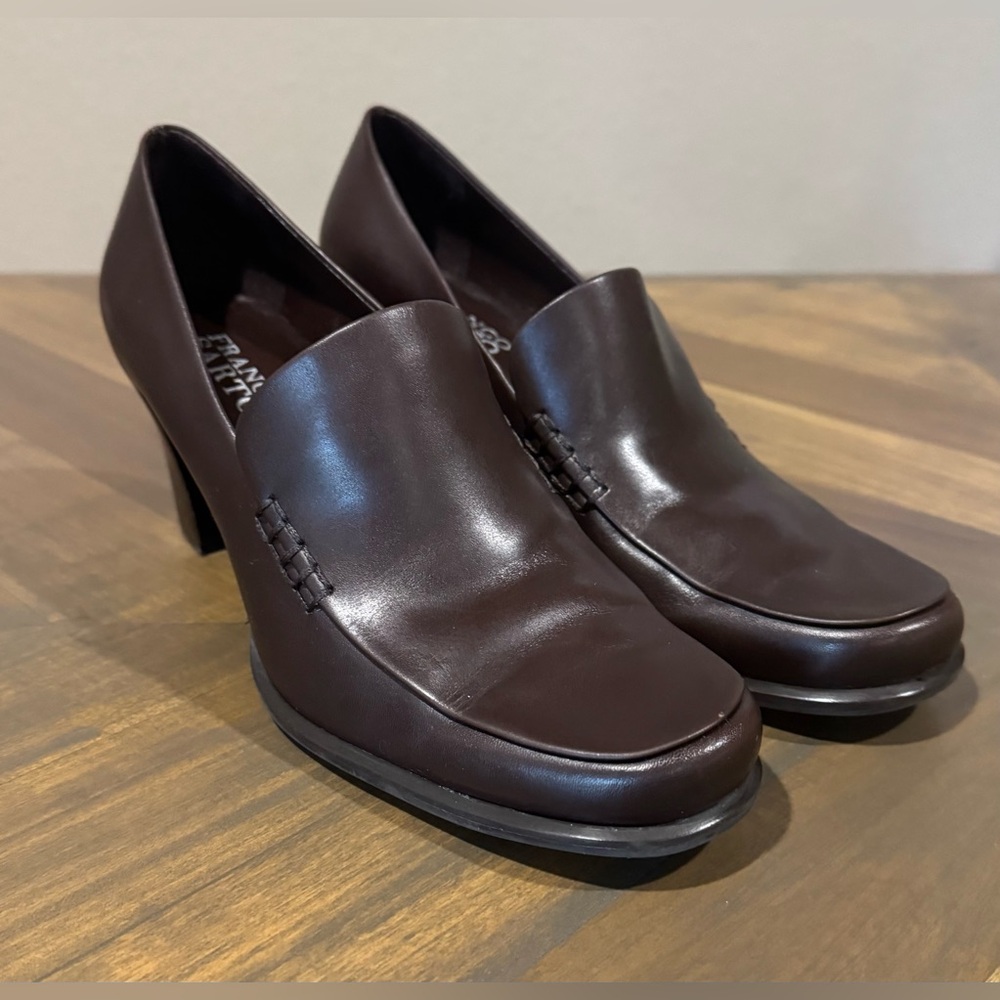 Franco Sarto Women's Brown Leather Pump Heels Comfort Chunky Block Heel, 7.5 M